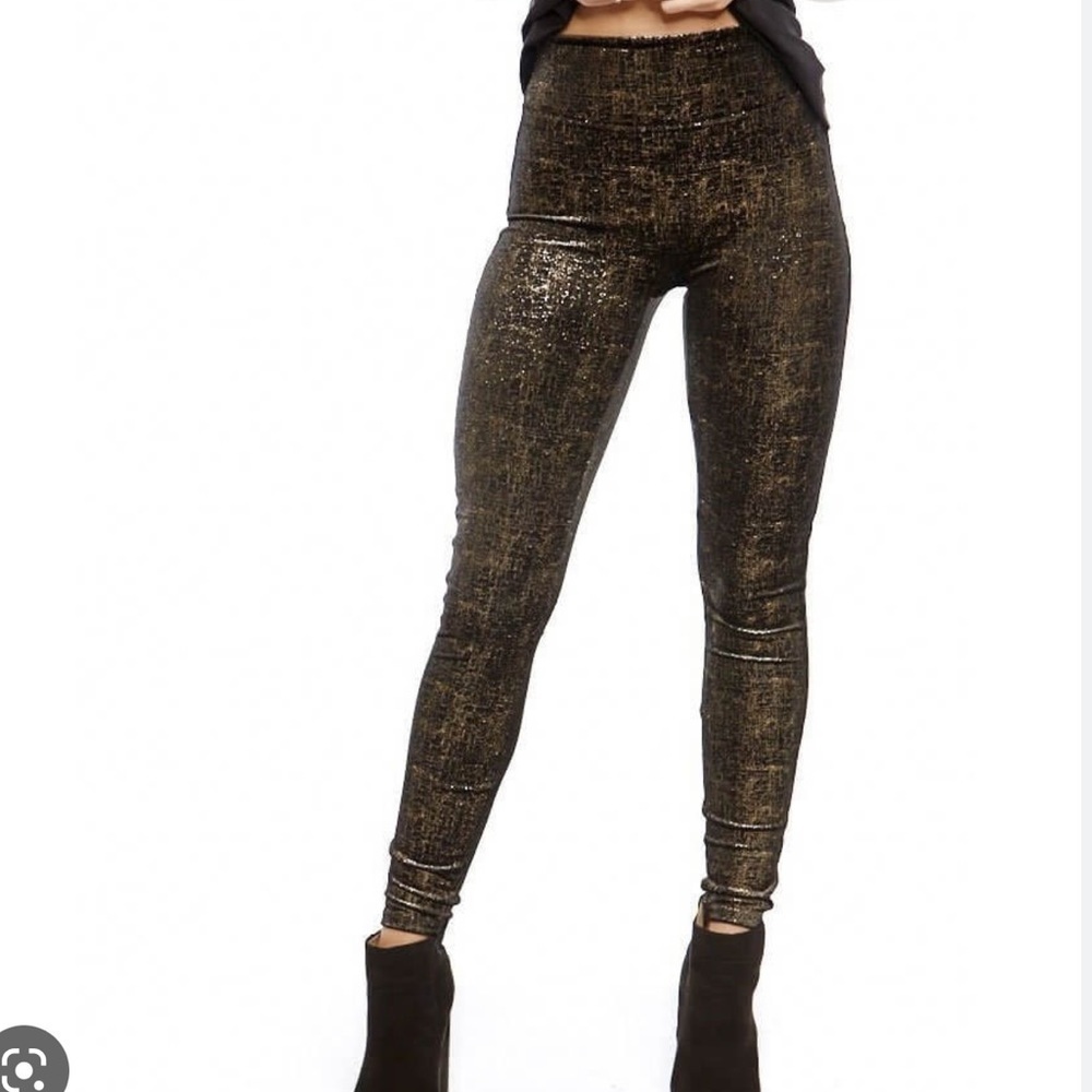 Spanx Velvet Shine Leggings Black Metallic Gold Stretch Soft M